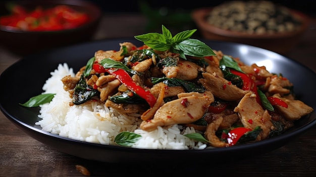 Spice up your dinner routine with this delicious and aromatic spicy Thai basil chicken stirfry Generated by AI