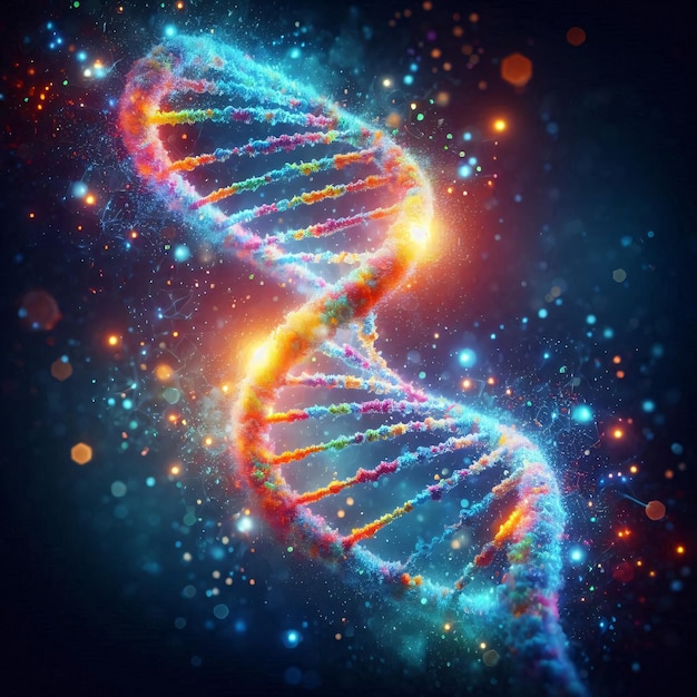 Spiral DNA double helix structure on blue background