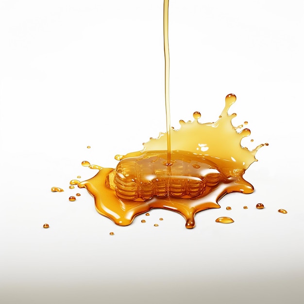 Photo splash of honey is being poured into a wax on a white background