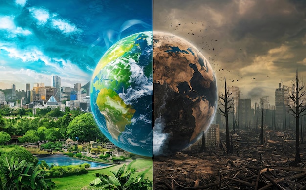 Photo split screen global warming and climate change concept of earth