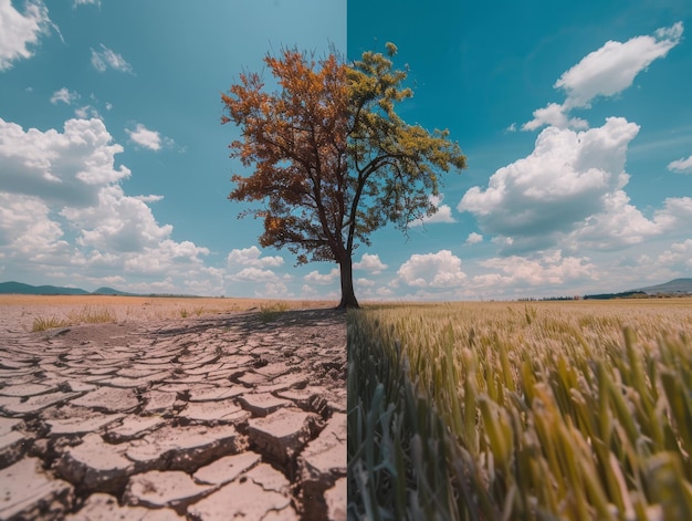 Foto un'illustrazione a schermo diviso che mostra gli effetti dei cambiamenti climatici con un lato che raffigura una crepa secca