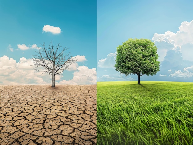 Photo a splitscreen illustration showing the effects of climate change with one side depicting dry cracked