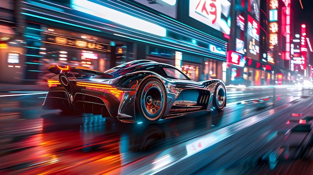 Sports Car Racing through a Futuristic Cityscape A Dynamic Expression of Modern Technology