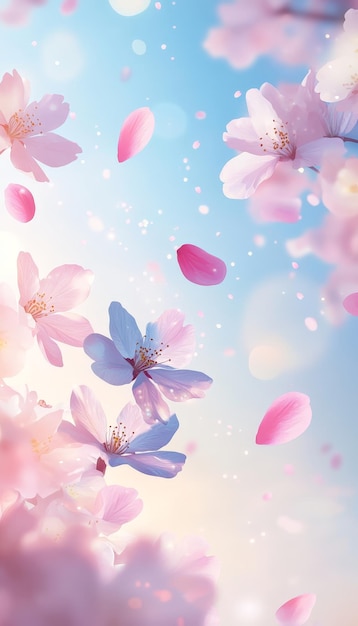 Photo spring background with flying petals and blurred pastel colors