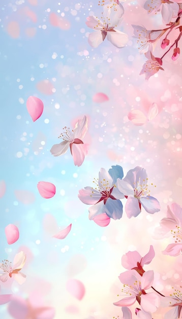 Photo spring background with flying petals and blurred pastel colors