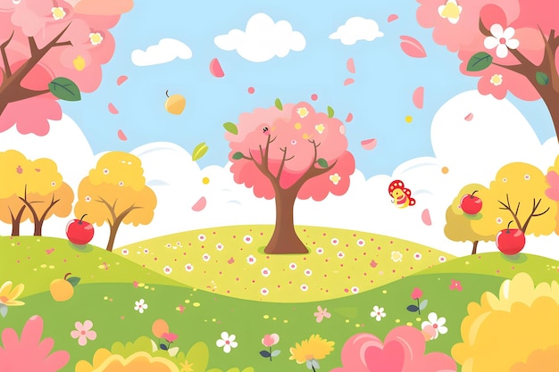 Photo spring landscape illustration with blooming trees and flowers