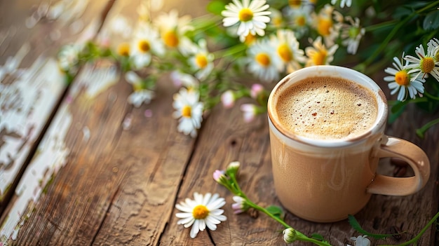 Spring Morning Tranquility Savoring a Generative Coffee Beverage on a Wooden Table Adorned with Fresh Flowers