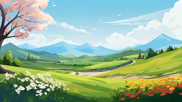 Spring outdoor natural scenery cartoon illustration background