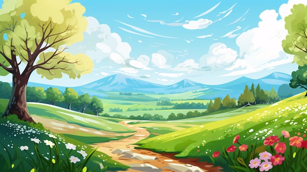 Spring outdoor natural scenery cartoon illustration background