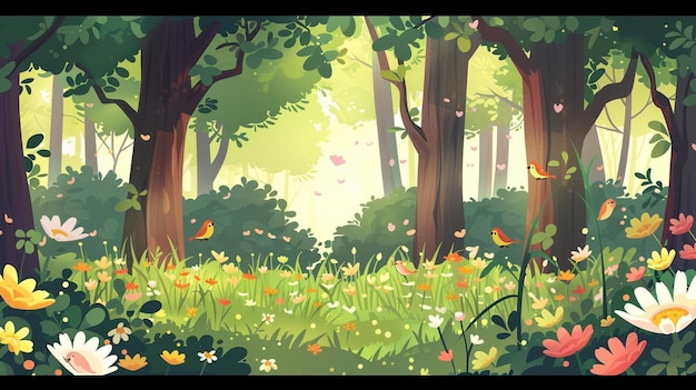 Photo springtime vector cartoon forest with blooming flowers and chirping birds
