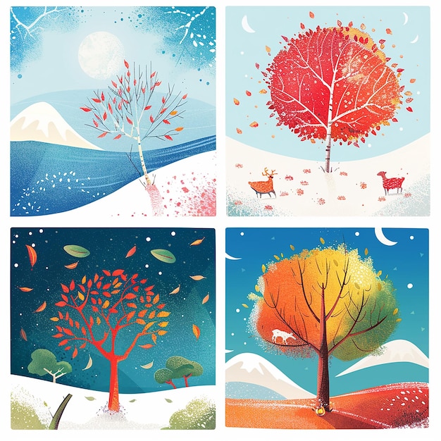 Photo square seasons illustration summer winter fall spring sea tree snow graphic design