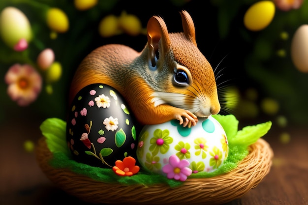 A squirrel is sitting next to a painted easter egg.