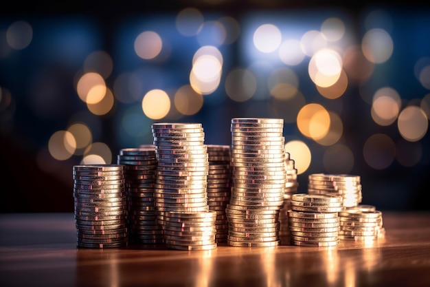 Stacks of coins on a table with lights in the background