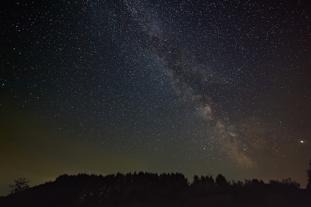 Stars of the milky way galaxy in the night sky. Space objects over the forest.