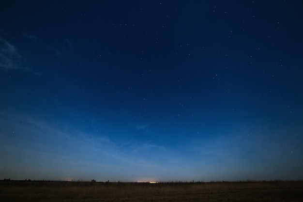 Photo stars in the night sky with city lights on the horizon. the landscape is photographed by moonlight.