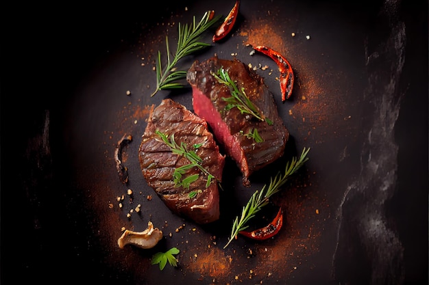 A steak with a cut in half and a sprig of herbs on the top.