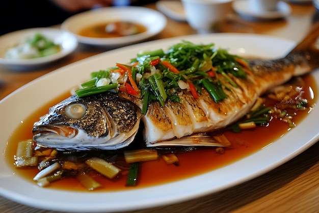 Foto pesce al vapore con salsa di soia e cipolle verdi