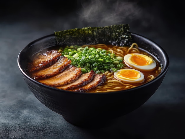 Foto una ciotola fumosa di ramen coperta di fette di maiale, cipolle verdi, uova bollite e alghe