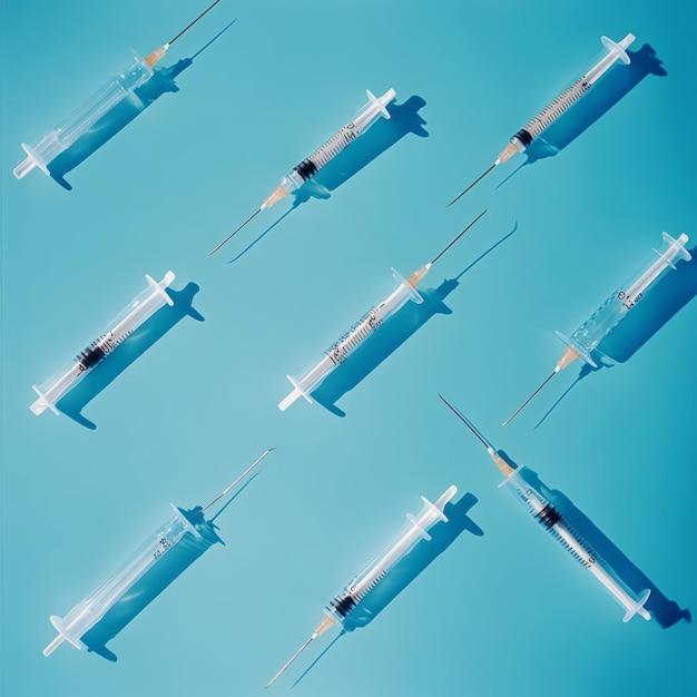 Sterile Medical Syringes on Blue Surgical Table Overhead View 1