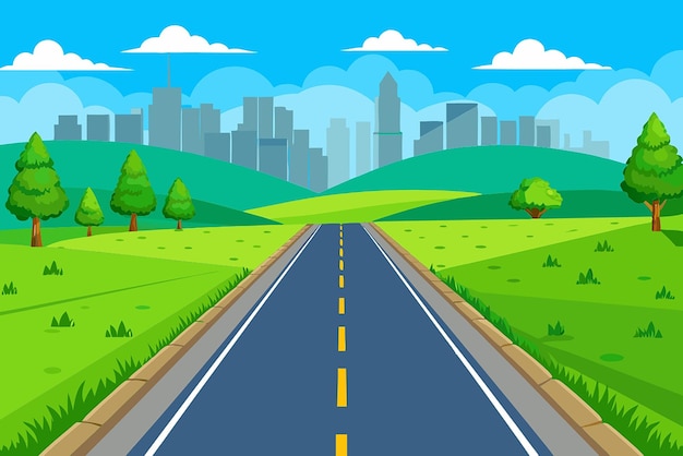 Photo straight empty road through the countryside on city background green hills blue sky meadow summer landscape vector illustration