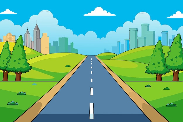 Photo straight empty road through the countryside on city background green hills blue sky meadow summer landscape vector illustration