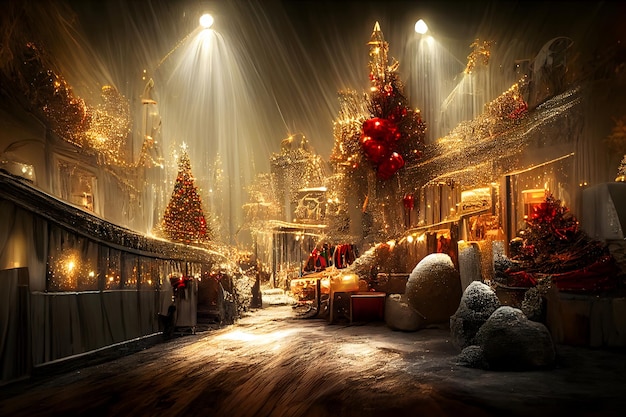 Strange night cristmas street background with christmas spruce trees snow and fair stalls neural network generated art