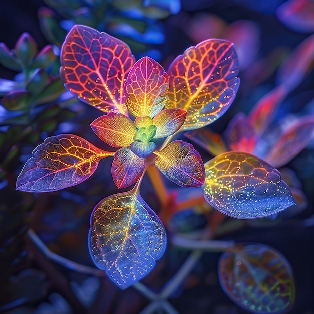 A strange plant its leaves show colorful light each leaf has a bright gem multiple exposure Amber UHD HDR Generate AI