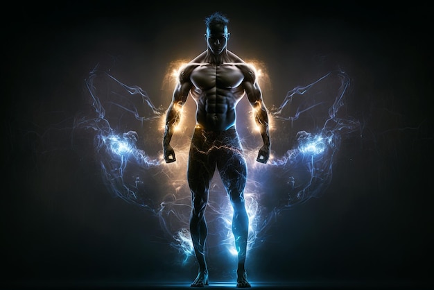 Photo strong man in lightning flashes athlete silhouette with inner energy generative ai