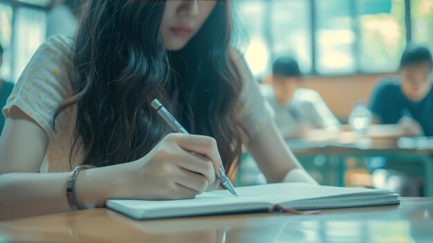 Photo the student writing with a pen on paper in a university classroom while sitting at a desk