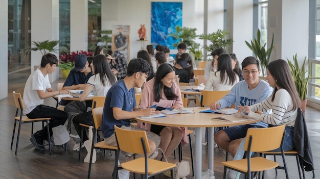 Foto studenti seduti a un tavolo con uno che legge un libro