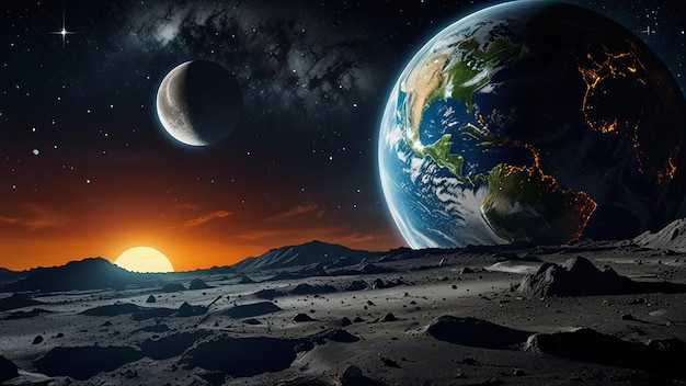 Photo stunning 3d space wallpaper of earth moon and sunrise