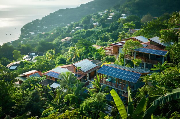 Photo a stunning aerial view highlighting the allure of solarpowered houses set amidst lush greenery