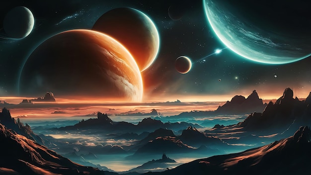 Photo stunning cosmic panorama with bright stars and massive planets a coordinating orange and teal colour scheme digital concept art and dynamic lighting