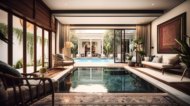 A stunning interior design of a luxurious pool villa showcasing its elegance and sophistication