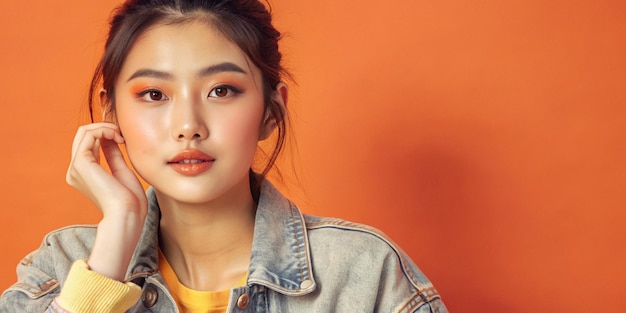 Photo stylish asian woman in denim jacket on yellow background closeup