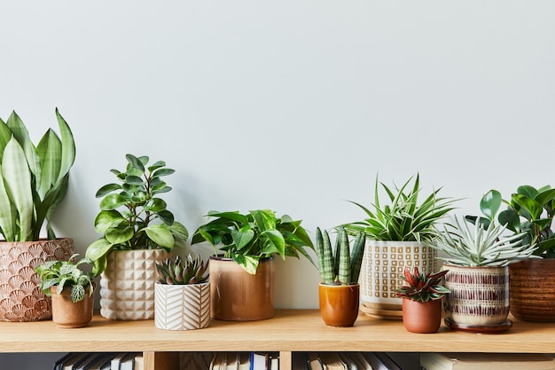 Photo stylish composition of home garden interior filled a lot of beautiful plants, cacti, succulents, air plant in different design pots. home gardening concept home jungle. copy spcae. template