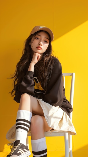 Photo stylish and thoughtful young asian woman posing in a yellow toned studio setting