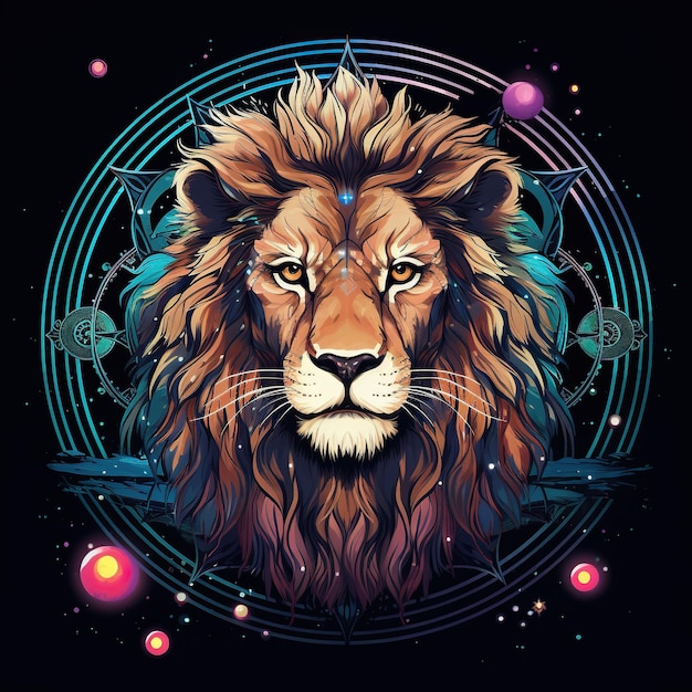 a stylized colourful front view of a Lion in a thin circle for a Tshirt design surrounded by stars witchy celestial Generate AI