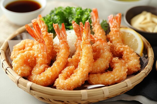 Photo a stylized crispy shrimp tempura bursting energetically from a woven basket along with