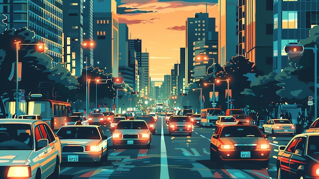 A stylized illustration of a busy city street at sunset