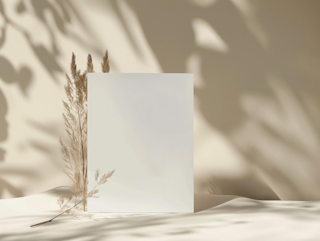 Photo summer artistic display scene blank paper on beige wall in sunlight tree leaves branches shadows overlay