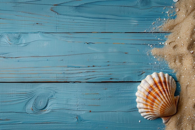 Summer background with copy space for text Blue boards sand and shell in the image