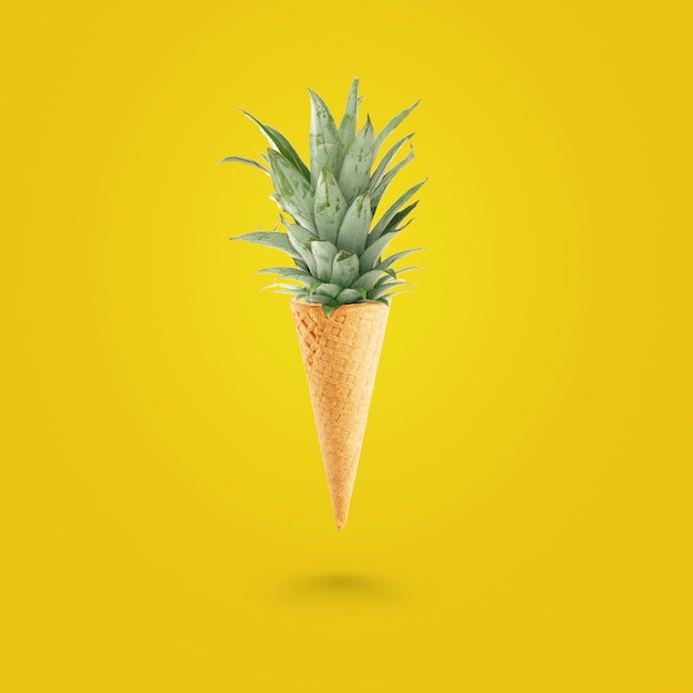 Summer concept Ice cream cone with pineapple leaves on bright yellow background Healthy food