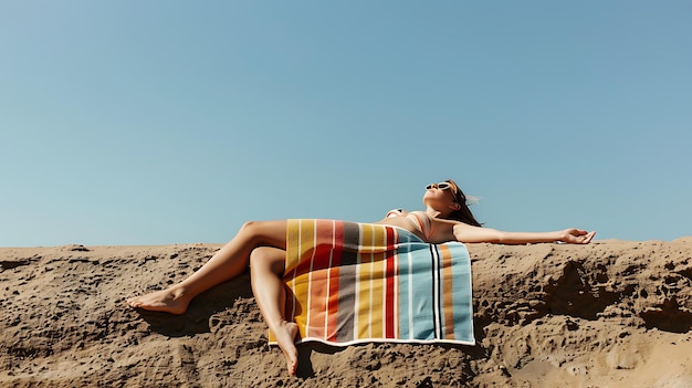 Photo summer escape on a sandy beach with sun and striped towel