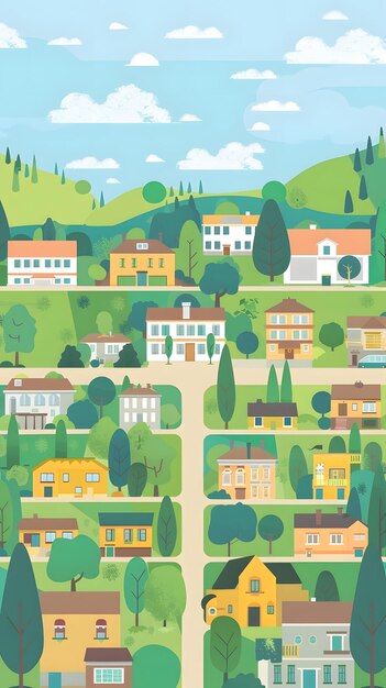 Photo summer illustration of a small town with houses trees and a blue sky