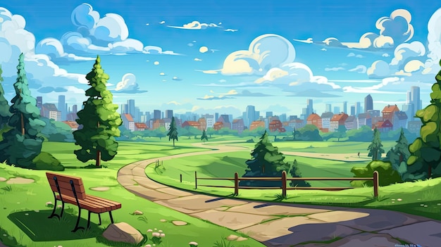 Summer residential road with a wooden seat and a view of the city skyline A cartoon shows a green countryside with hills trees a blue sky white clouds and distant city constructions