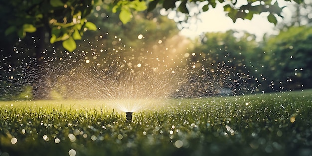 Photo summer sprinkler watering lush green lawn landscape