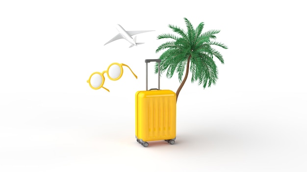 Summer travel background Glasses airplane palm yellow luggage isolated on white 3d render