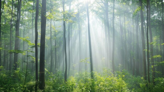 Photo sunbeams filtering through dense fog in forest