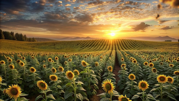 a sunflower field with the sun setting behind it